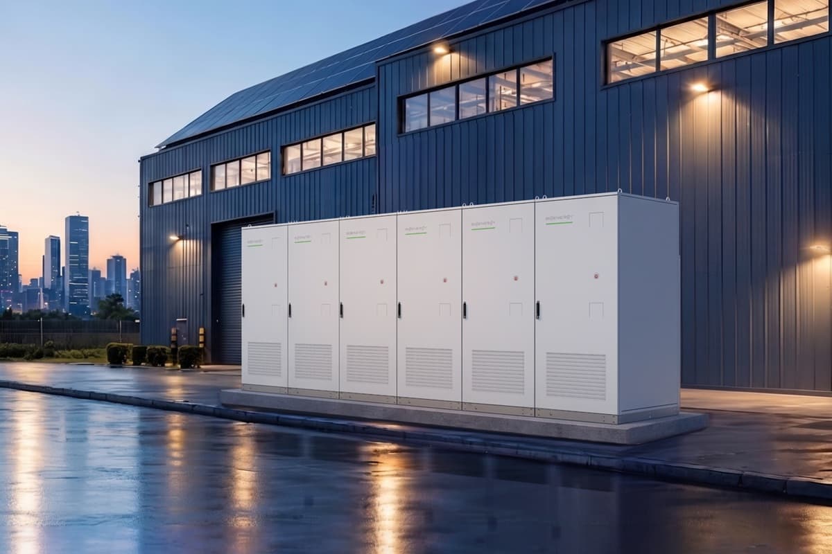 Zes SigenCube-batterijkasten naast elkaar voor een bedrijfshal met zonnepanelen