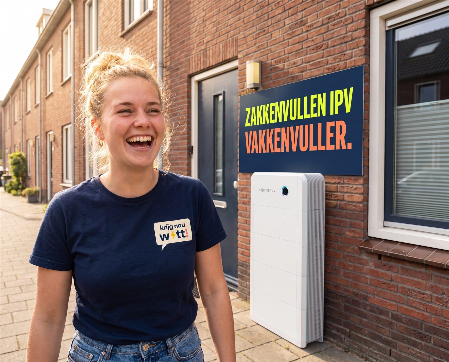 Illustratie van een student met een KNW-shirt en een 'Zakkenvullen ipv vakkenvuller'-bord voor een woning met thuisbatterij