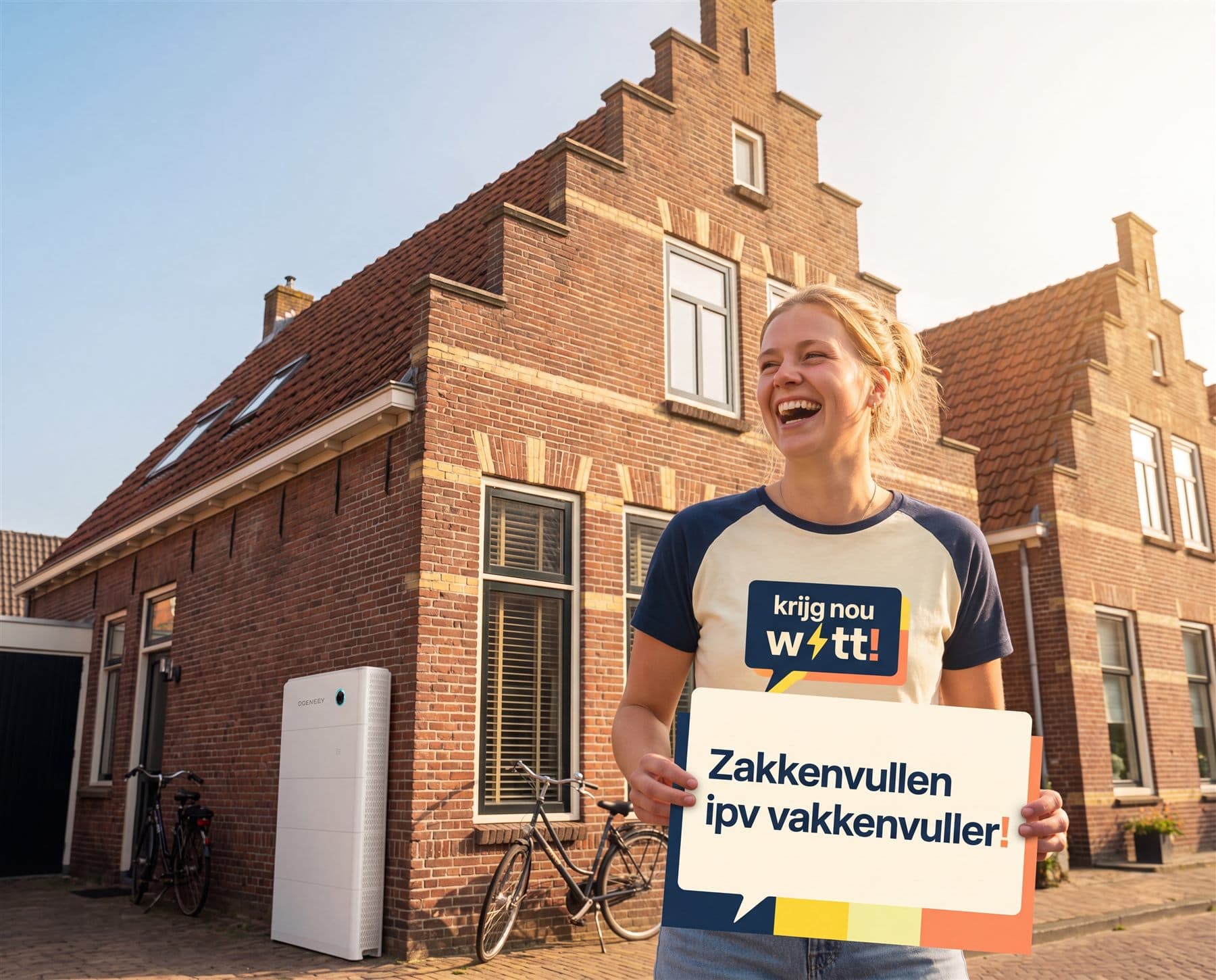 Illustratie van een student met een KNW-shirt en een 'Zakkenvullen ipv vakkenvuller'-bord voor een woning met thuisbatterij