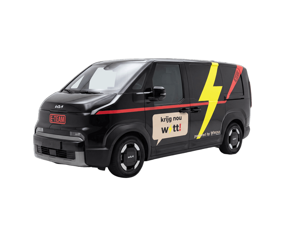 De zwarte E-TEAM-bus van Krijg nou Watt met gele bliksem op de zijkant