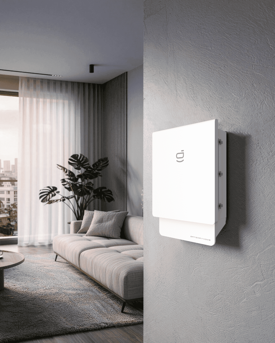 Sigenergy-thuisbatterij aan de muur in een lichte woonruimte