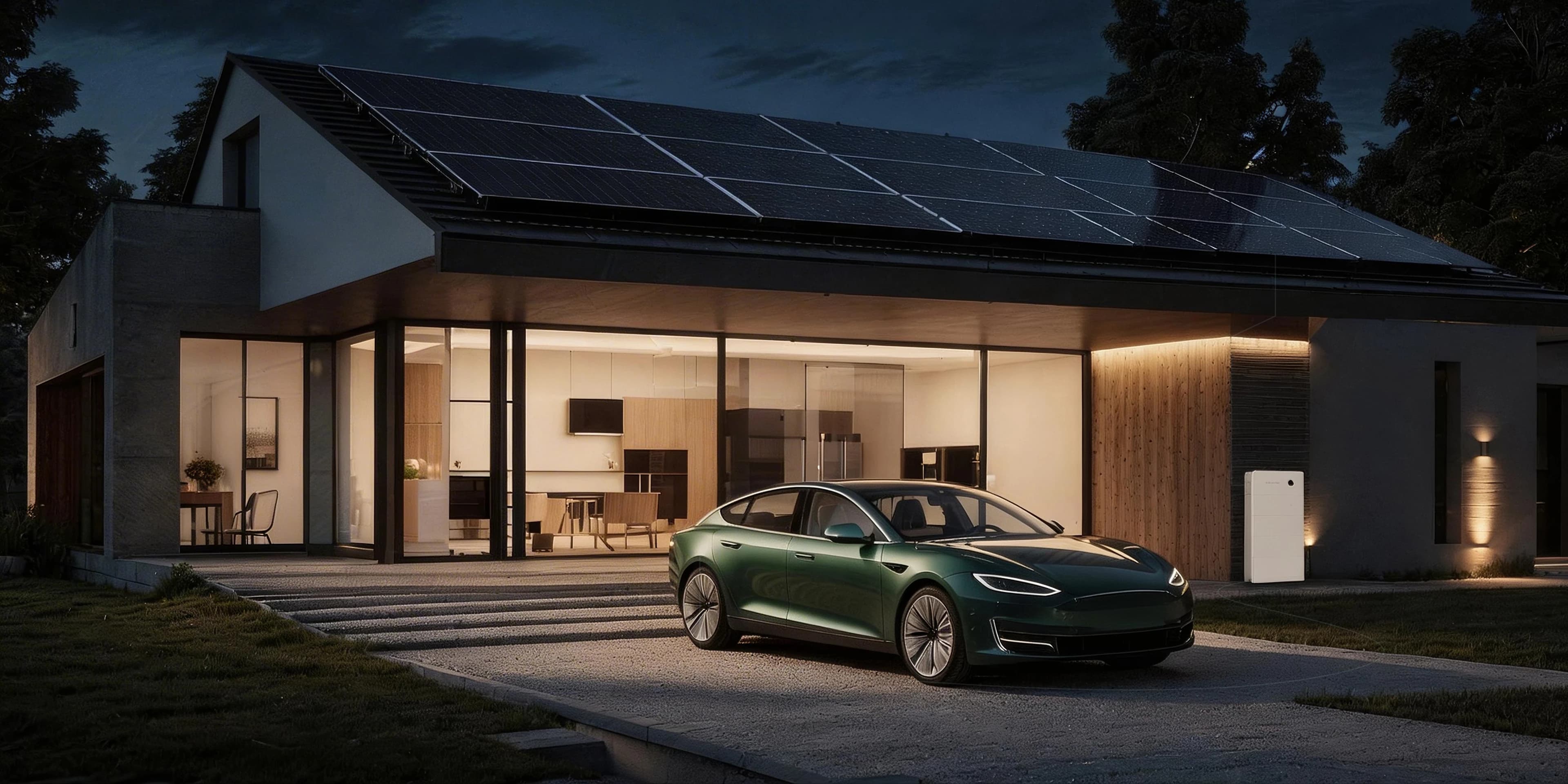 Moderne woning met zonnepanelen bij schemering, met een Sigenergy SigenStor-thuisbatterij aan de gevel en een elektrische auto op de oprit