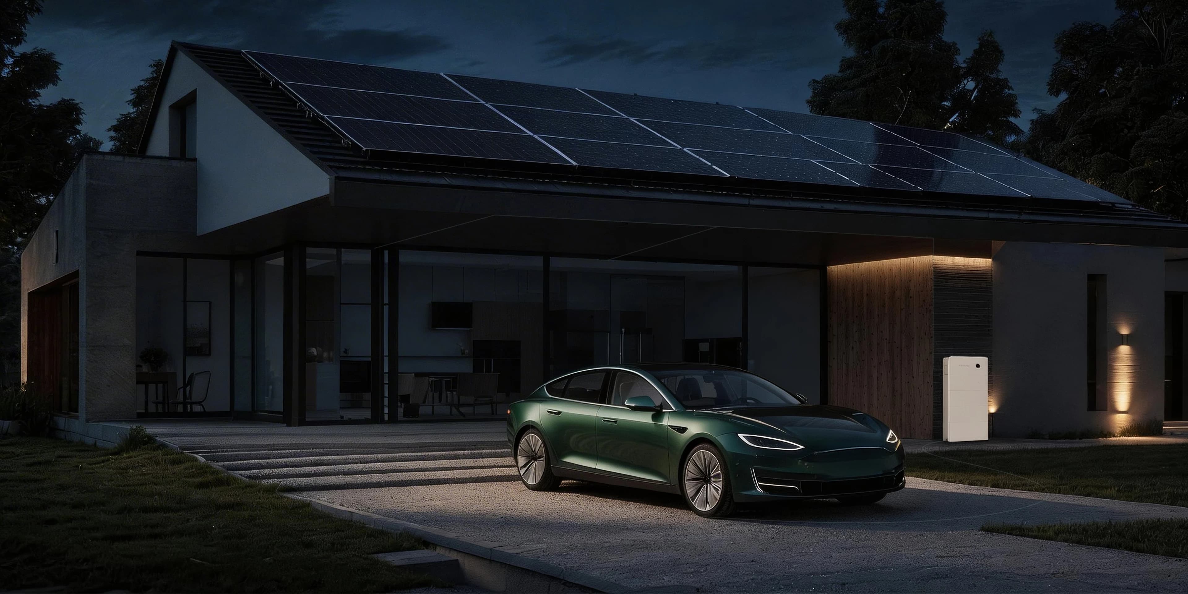 Woning met zonnepanelen en een Sigenergy-thuisbatterij in de avond