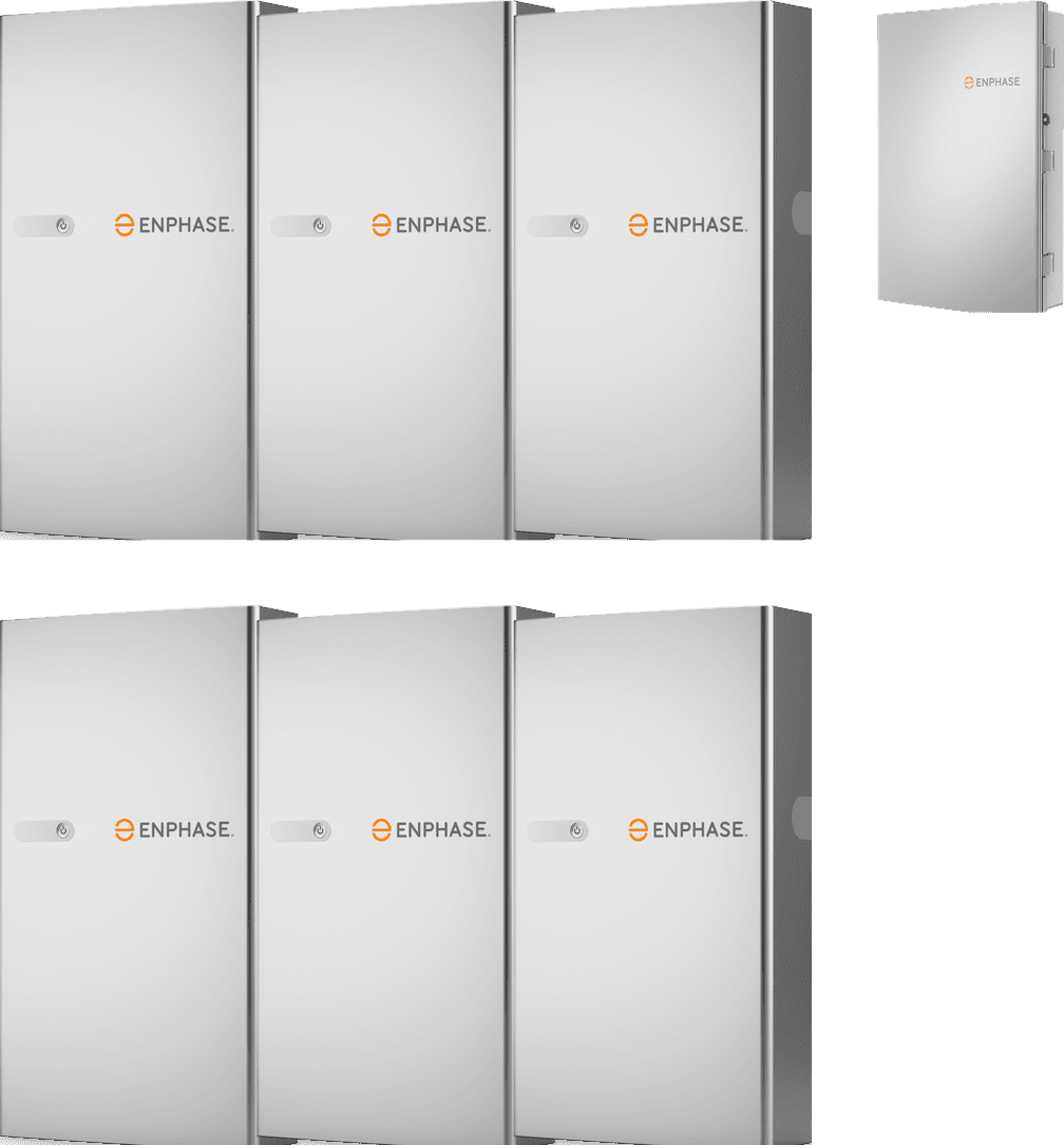 Zes Enphase IQ Battery 5P-batterijen met een IQ System Controller