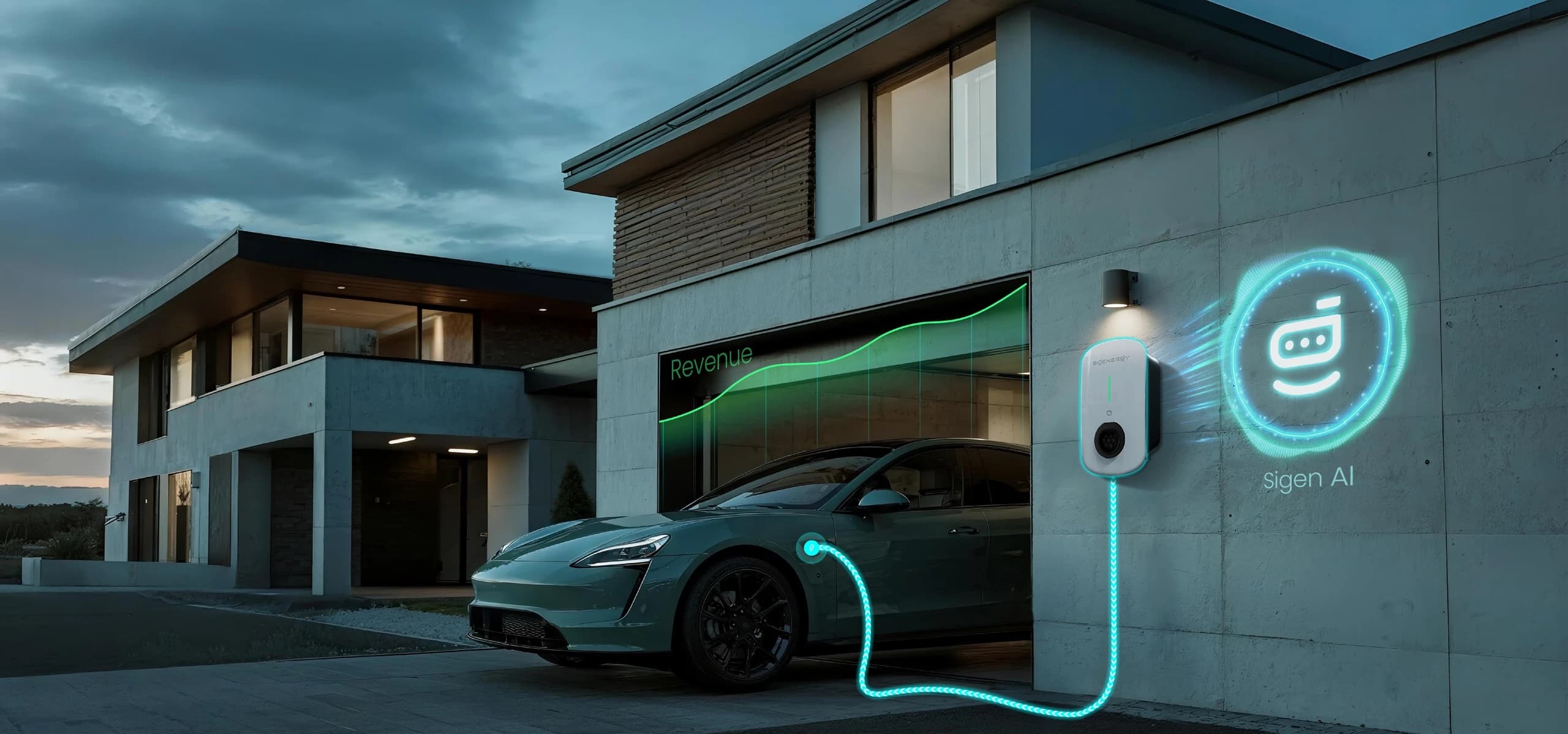 Elektrische auto laadt bij een woning aan de Sigen EV AC Charger aan de muur